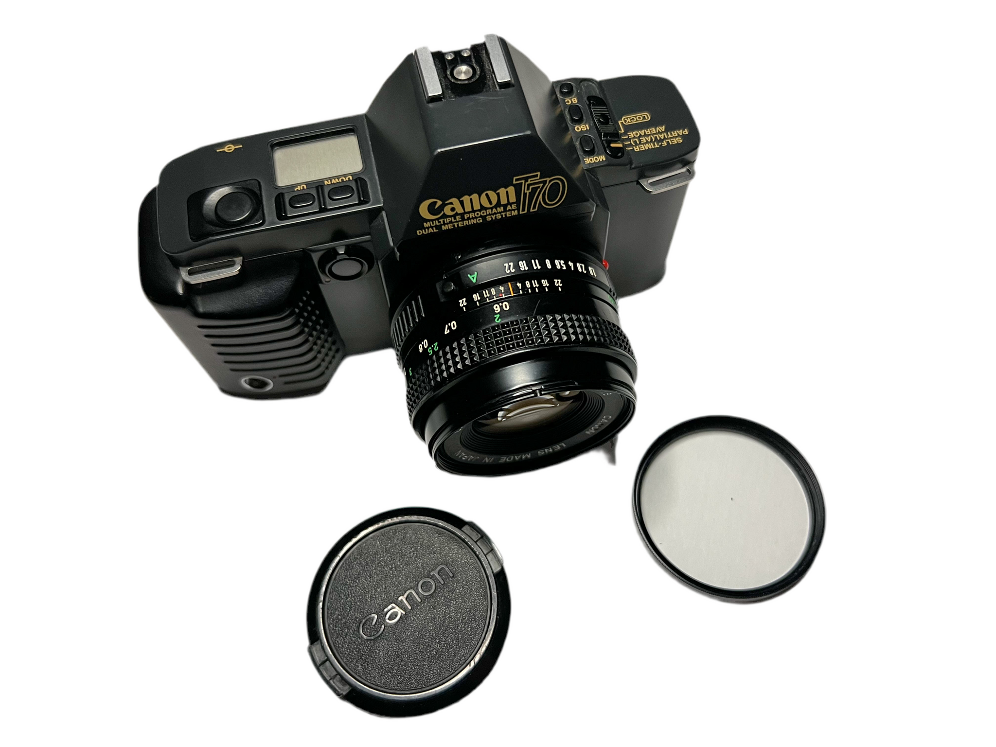フィルムカメラ Canon T70 レンズ50mmf1.4等2本電池付き Canon T70 35mm Film Camera With 50mm 1.8 lens (April 1984